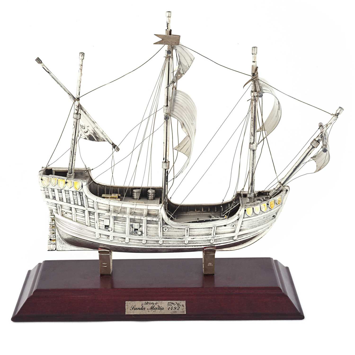 Lot 40 - Silver model of the ship "Santa Maria 1492" 925 Italian silver mounted on a wooden base