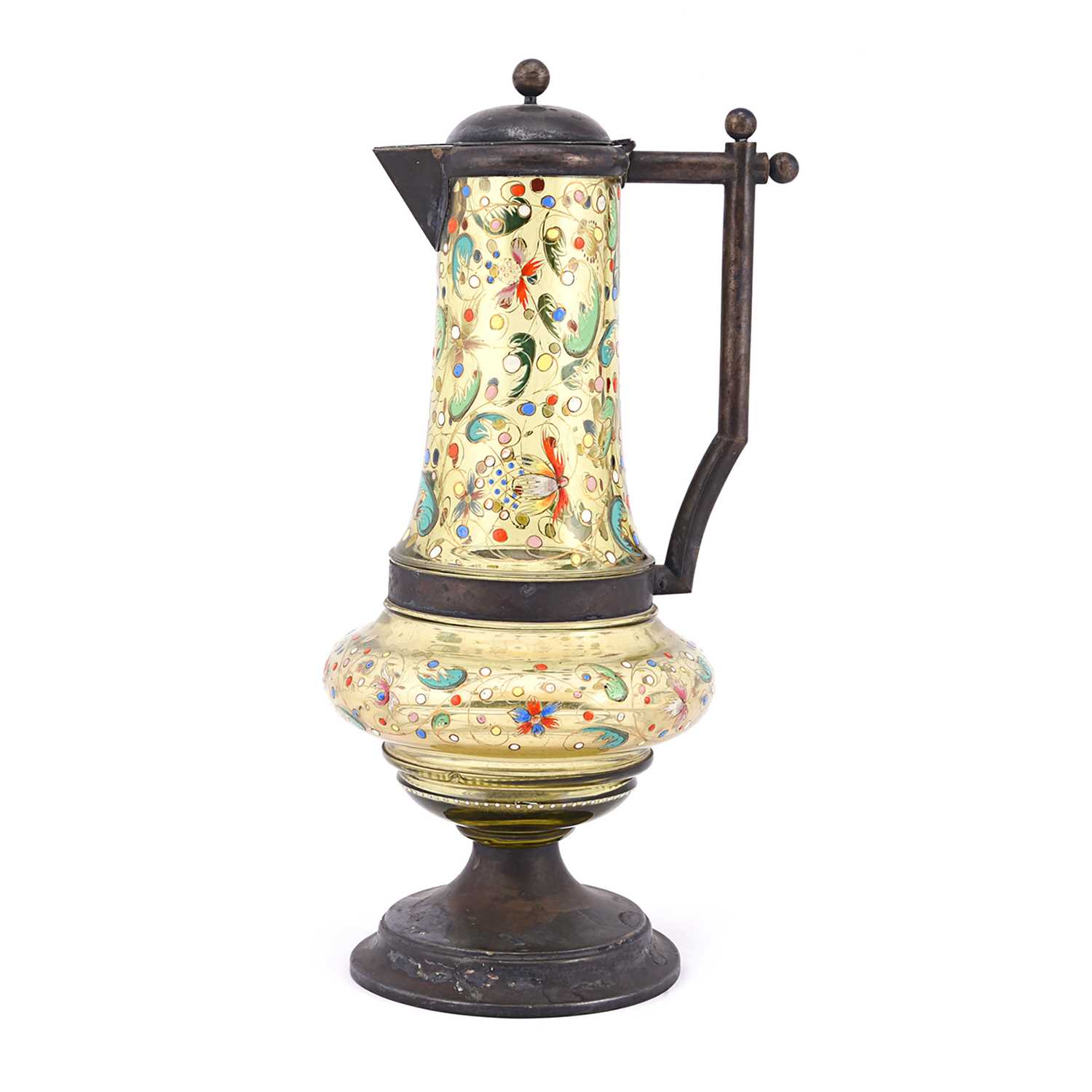 Lot 179 - A French glass pitcher with a silver base, cover and handle