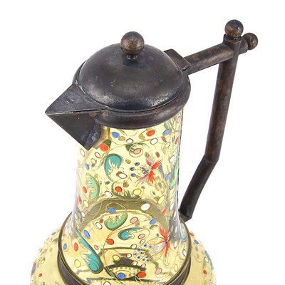 Lot 179 - A French glass pitcher with a silver base, cover and handle