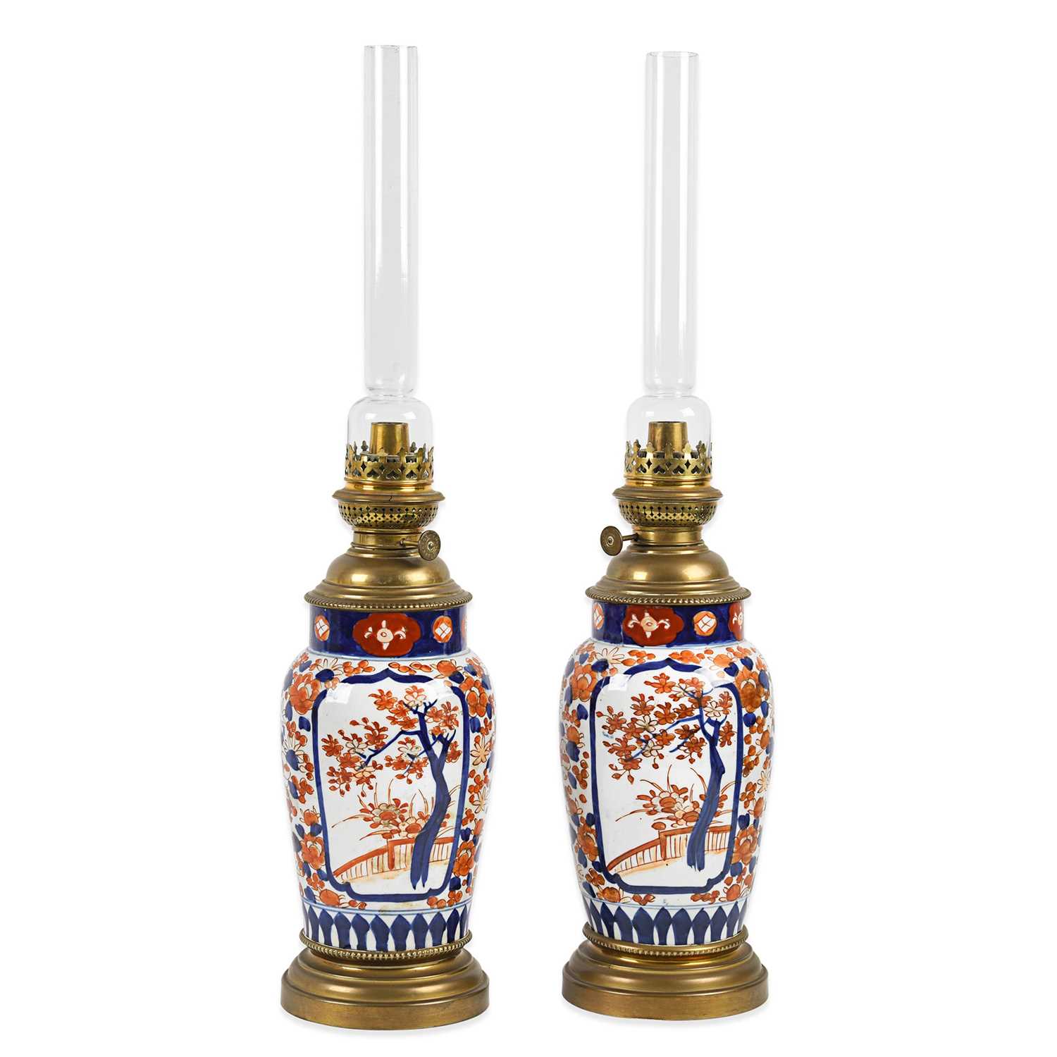 Lot 1 - Pair of late 19th century Imari porcelain oil lamps