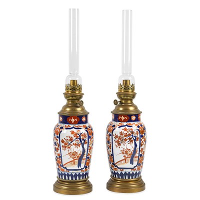 Lot 1 - Pair of late 19th century Imari porcelain oil lamps