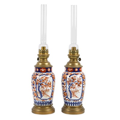 Lot 1 - Pair of late 19th century Imari porcelain oil lamps