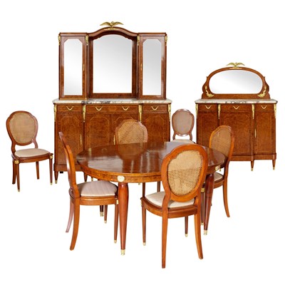 Lot 99 - An antique extending dining table, six chairs and two buffet ormolu mounted mirrored marble tops.