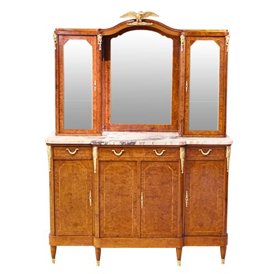 Lot 99 - An antique extending dining table, six chairs and two buffet ormolu mounted mirrored marble tops.