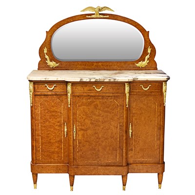 Lot 99 - An antique extending dining table, six chairs and two buffet ormolu mounted mirrored marble tops.