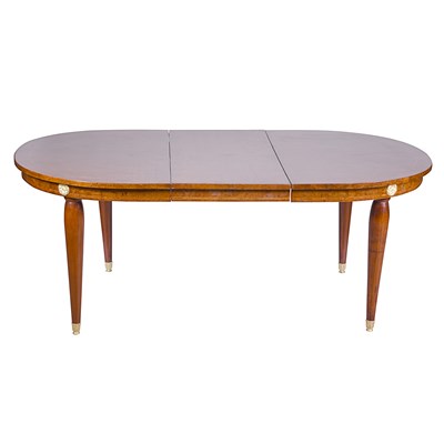 Lot 99 - An antique extending dining table, six chairs and two buffet ormolu mounted mirrored marble tops.