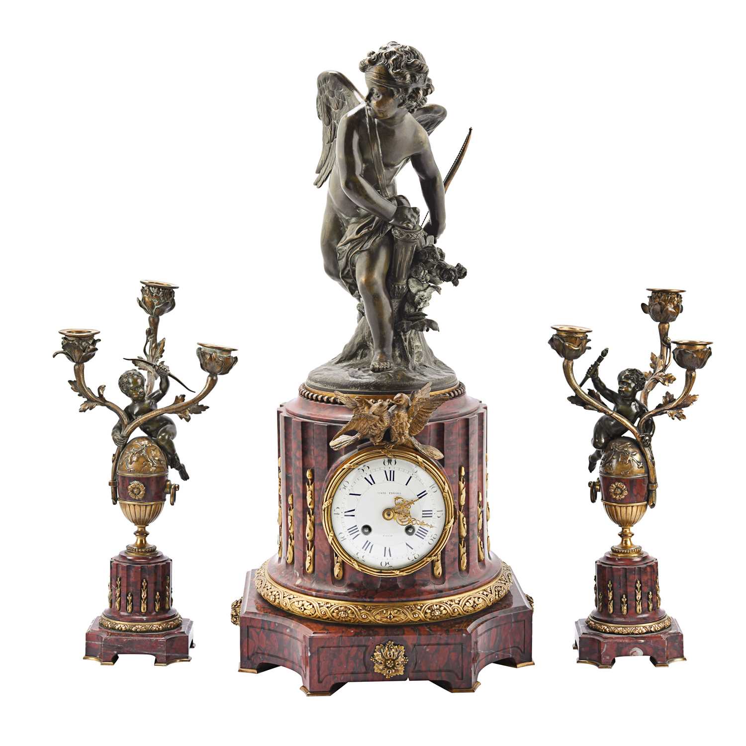 Lot 38 - French gilt and patinated bronze and marble figural mantel clock