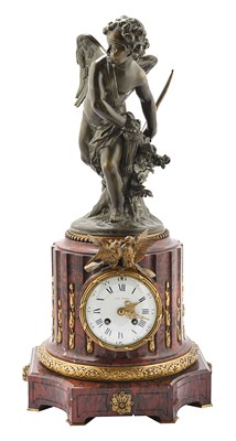 Lot 38 - French gilt and patinated bronze and marble figural mantel clock