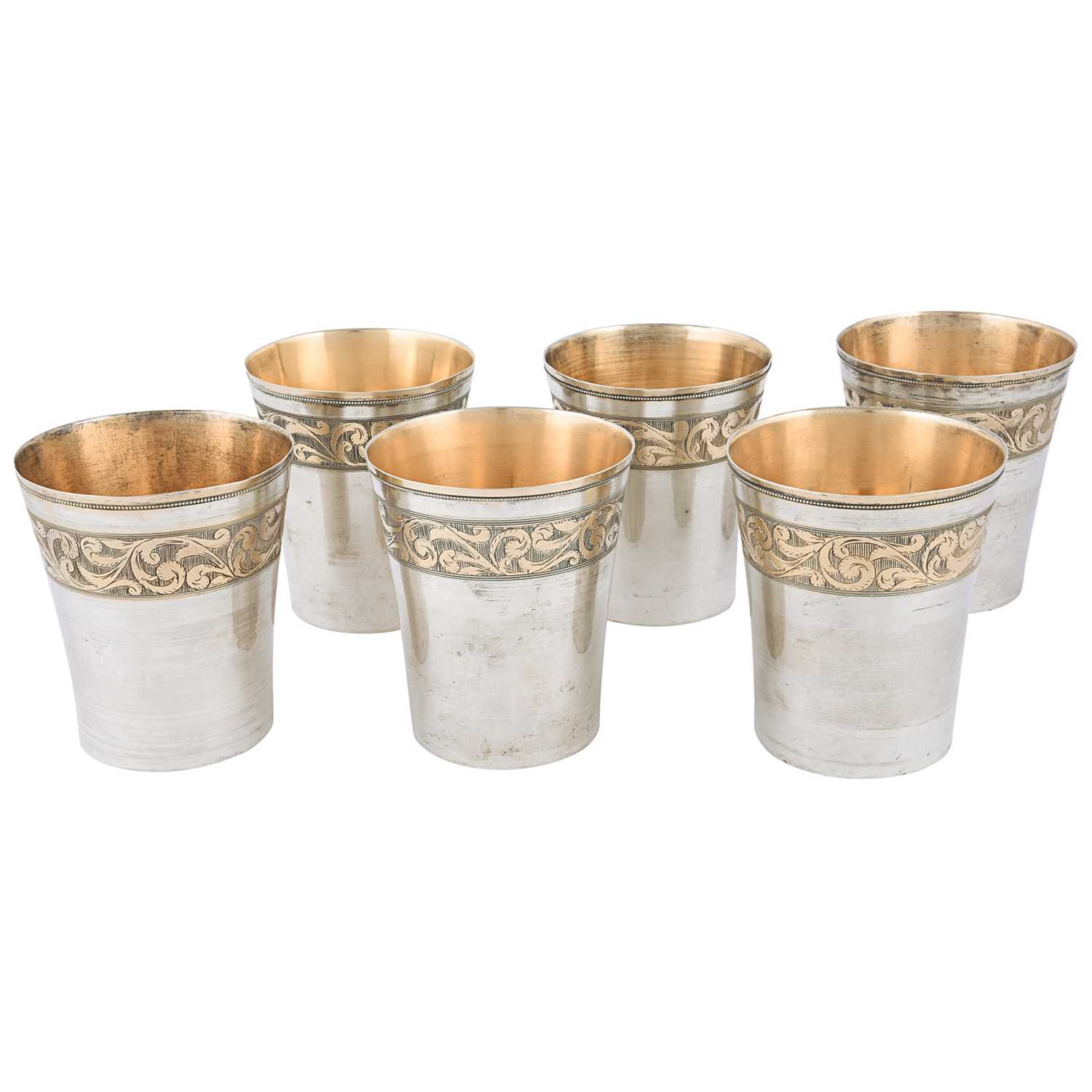 Lot 186 - Six gilded silver drinking cups, marked in tughra of the silversmith