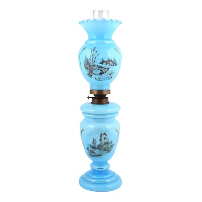 Turquoise Opaline Glass Oil Lamp with Landscape Scenes