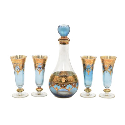 Blue Glass Decanter Set with Gilt Floral Details