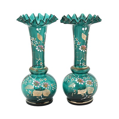 Pair of Teal Glass Vases with Ruffled Rims