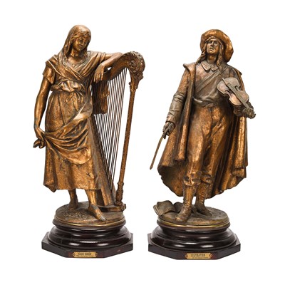 Pair of allegorical bronze sculptures by Auguste Moreau: 'Corde Brisée' and 'Inspiration'