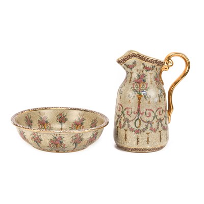 Set of ceramic Victorian style crackle glazed pitcher and basin wash bowl