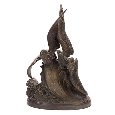 19th-century french gilt bronze sculpture of seagulls on a wave by Henri LeChesne