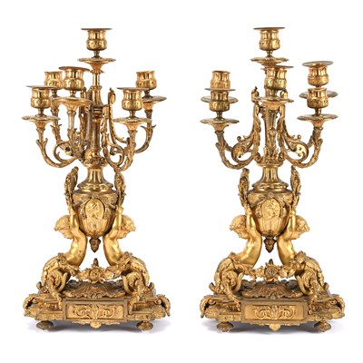French Napoleon III Second Empire style ormolu putti candelabras with six arm cups each
