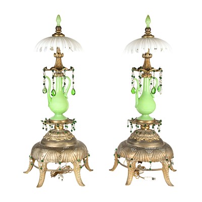 Late 19th century pair of green opaline glass ewers