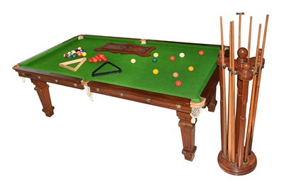 E.J. Riley snooker dining table with mahogany top, slate surface, and accessories