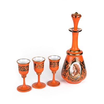 Deep Coral Opaline Decanter Set with Hand-Painted Portrait