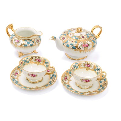 Porcelain Tea Set with Turquoise and Gold Checkered Pattern