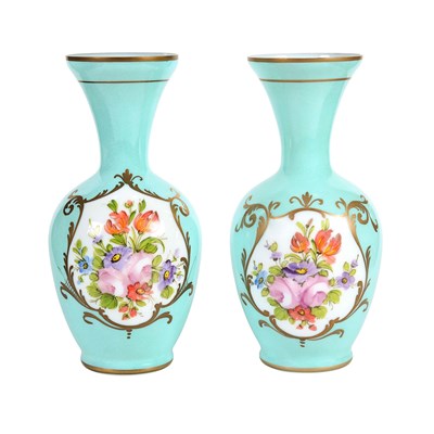 Pair of Green Opaline Vases with Floral and Gold Accents