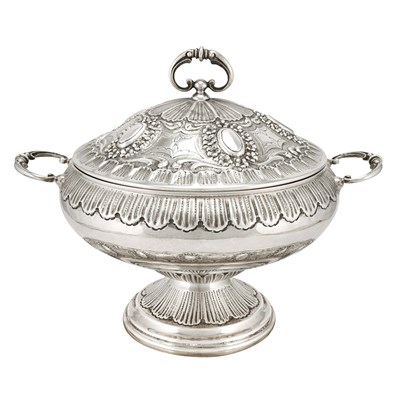 Turkish silver tureen of releif floral designs with matching circular tray