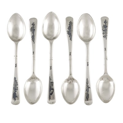 Iraqi,early 20th century niello silver set of 6 dessert spoons with box