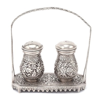 Early 20th century Indian silver salt and spice pots with holder