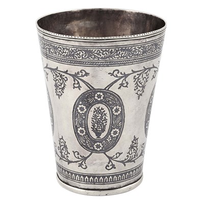 Silver beaker engraved and black enamel by Iraqi silversmith