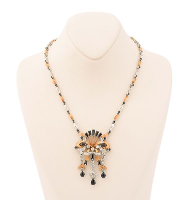 18K White & Brushed Yellow Gold, Blue Sapphire and Old Mine Cut Diamond Pendant Necklace