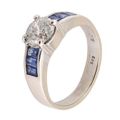14K White Gold Round Brilliant Diamond and Channel-Set Baguette Sapphire Ring