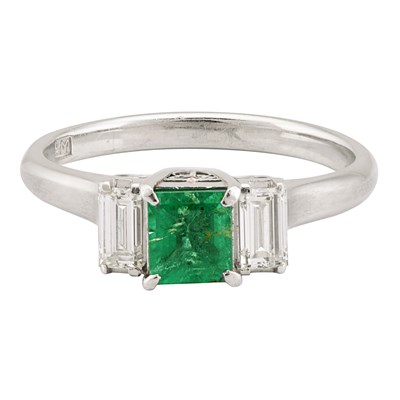 White Gold Emerald-Cut Emerald and Baguette Diamond Ring