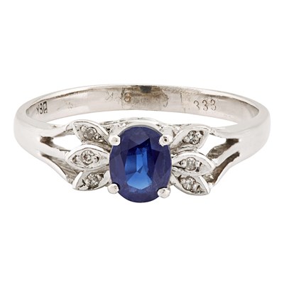 Sapphire Ring Flanked by Six Single-Cut Diamonds, 8K White Gold
