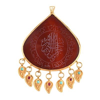 Natural Yemeni Agate Pendant Set with Rubies and Turquoise in 21K Gold