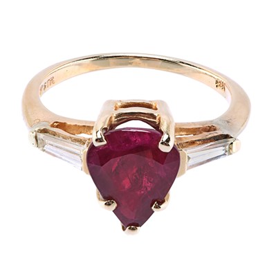 Pear Ruby Ring with Tapered Baguette Diamonds in 14K White Gold