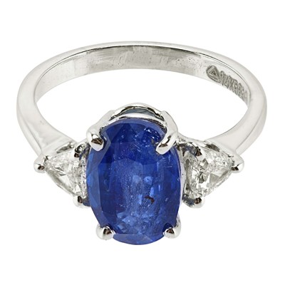 14K White Gold Round Brilliant Diamond and Channel-Set Baguette Sapphire Ring