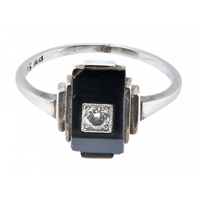 Art Deco Style Ring with Onyx and Brilliant-Cut Diamond, 14K White Gold