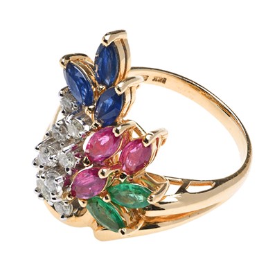14K Yellow and White Gold Marquise Emerald, Ruby, Blue Sapphire, and Diamond Cocktail Ring