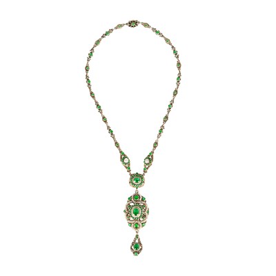 18th Century Gilded Silver Necklace with Emerald, Natural Button, and Seed Pearls