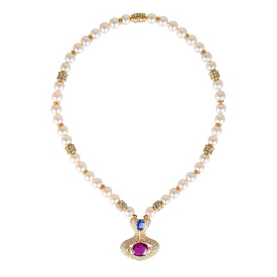 18K Yellow and White Gold Pendant Necklace with Akoya Pearls, Diamonds, Rubies, and Sapphires