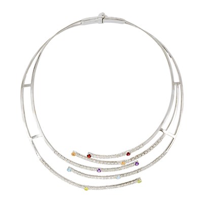 18K White Gold Multi-Colored Gemstone Choker Necklace