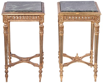 Pair of 20th Century Giltwood Side Tables with Green Marble Tops