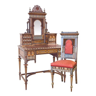 Late 19th Century Nasrid Andalusian Arch-Form Mirrored Dresser with Matching Chair, Inlaid and Calligraphic Decoration