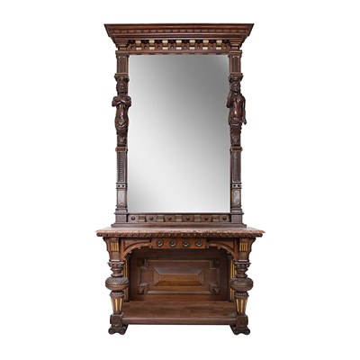 Large Victorian Renaissance Revival Pier Mirror with Marble Top and Elaborate Figural Carvings, Circa 1870