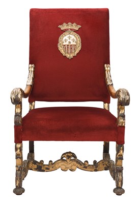 18th Century French Baroque Style Armchair with Antique Family Crest Embroidery