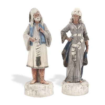 Austrian pair of handpainted terracotta Orientalist male and female figures