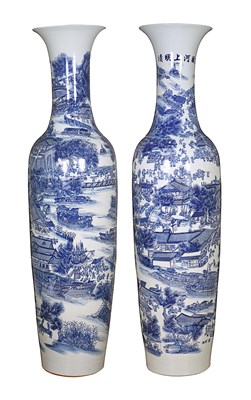 Mid 20th very large pair of blue and white Chinese glazed ceramic floor standing vases
