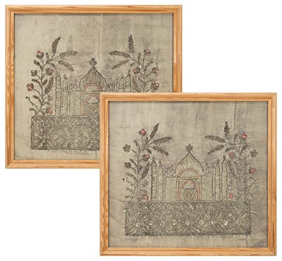19th century pair of Ottoman silver thread embroidered framed panels