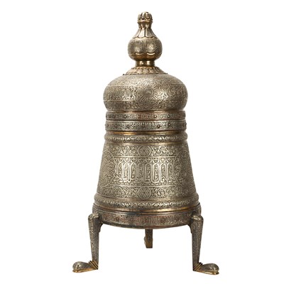 A large early 20th century Mamluk revival brass inlaid with silver incense burner.
