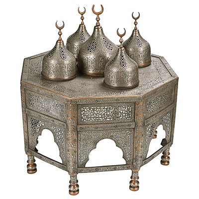 20th century Mamluk revival brass inlaid with silver incense burner table.